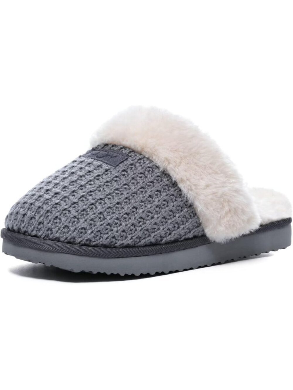 Women Grey Faux Leather Soft Warm Fuzzy Slipper Shoes for Indoor